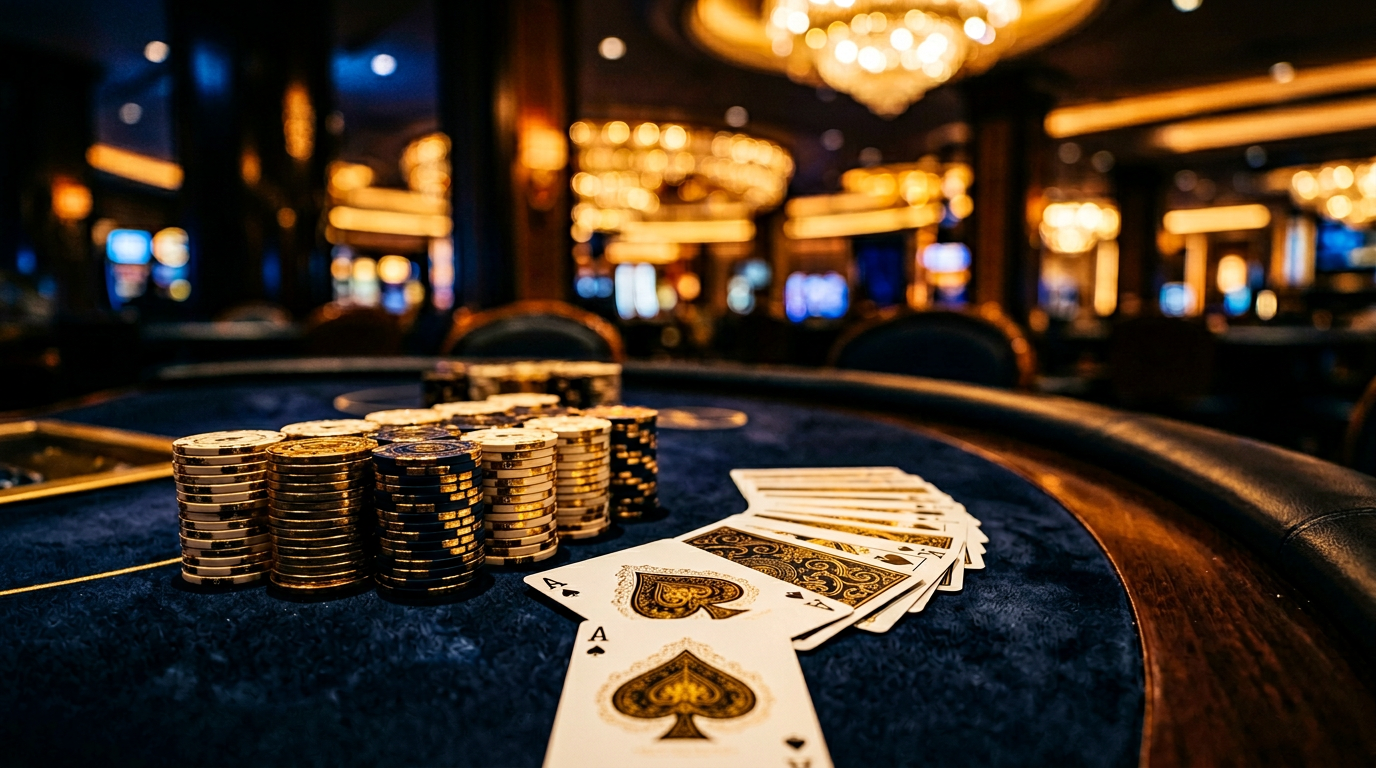 Mesa de casino de lujo con cartas y fichas doradas